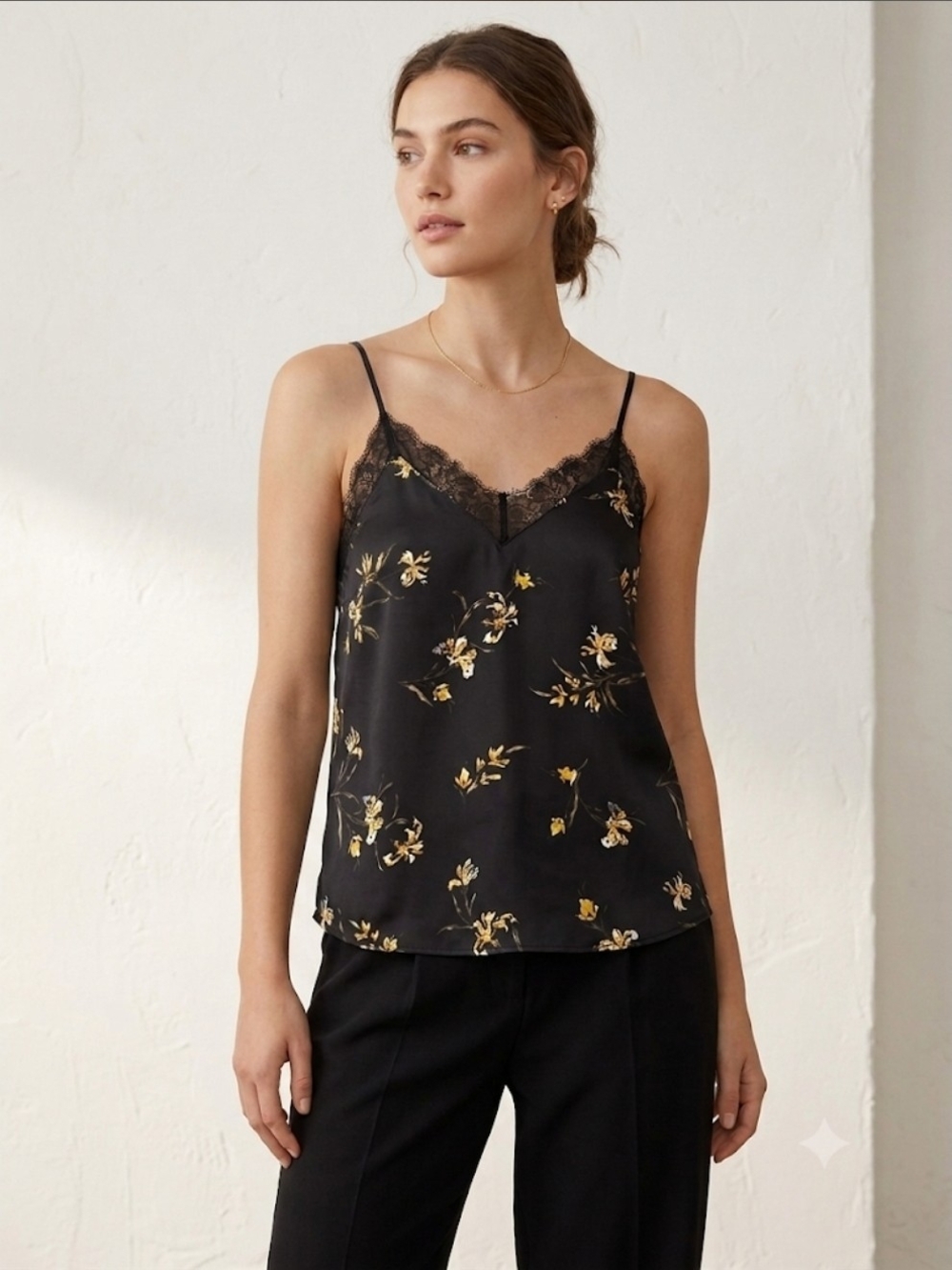 Dynamite Black Satin Camisole with Gold Floral Print